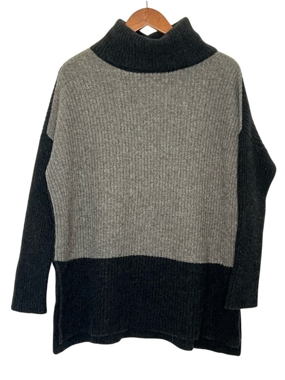 Eileen Fisher Yak‎ Wool Sweater Medium Gray Black Colorblock Cowl Neck